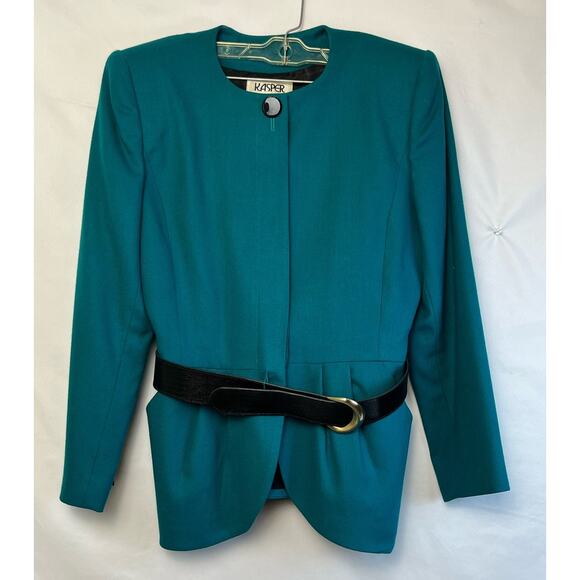 Kasper Women's 10 Aqua Long Sleeve Button Up 100% Wool Belted Waist Suit Jacket - Picture 1 of 10